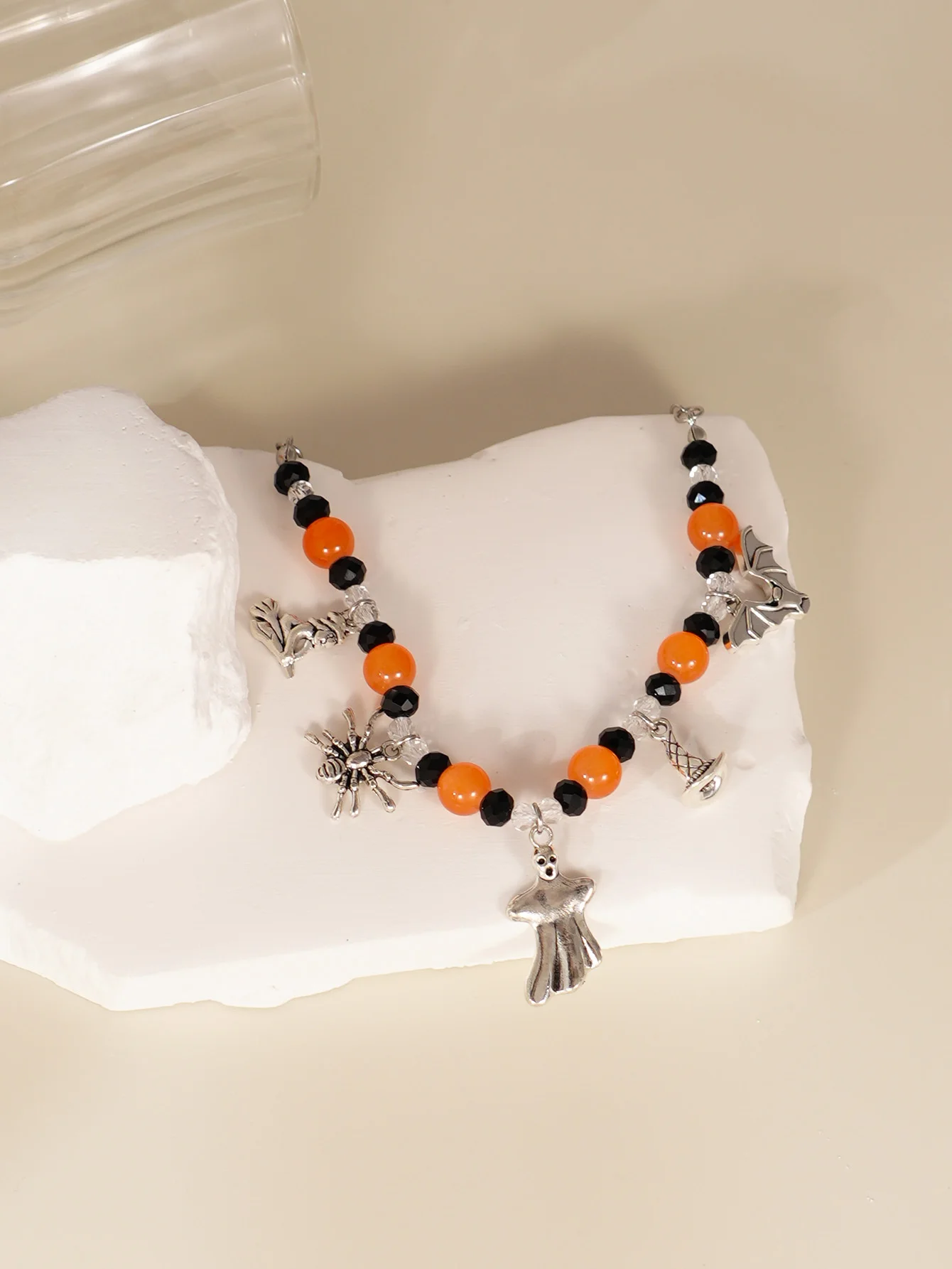 Themed Beaded Bracelet With Ghost Spider Charms For Halloween Parties