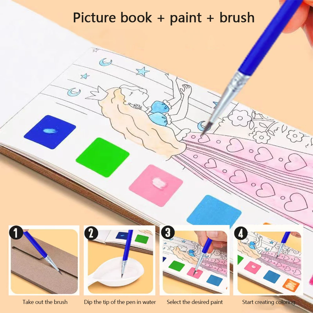 Description Picture 5 of itemPortable Watercolor Painting Book 12 Sheets Coloring Book with Paint Brush Gouache Book Kids Graffiti Picture Drawing Stationery