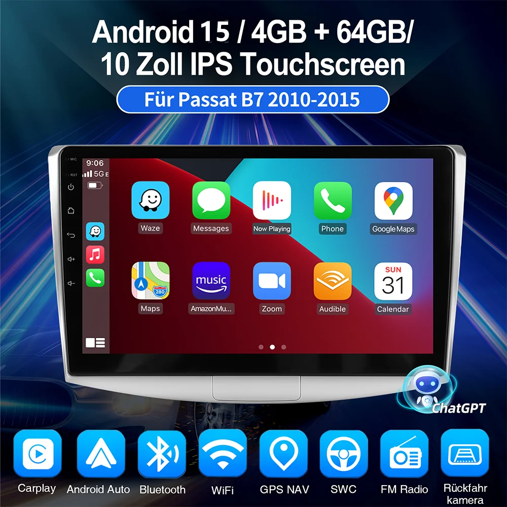 ESSGOO 10 "Android 13 4 + 64G Auto Stereo Drahtlose Carplay GPS Navi Bluetooth FM RDS WIFI Für VW Passat B6 B7 CC Magotan 2010-2015 – Detail 1