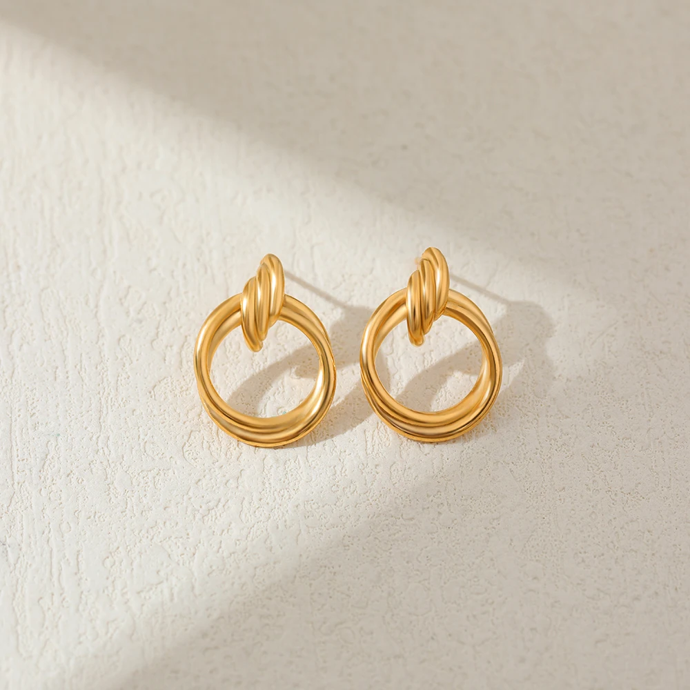 Stylish Gold Color Knot Ear Stud Double-layer Circle Twist Hoop Huggie Earrings Hypoallergenic Statement Jewelry for Women Aros