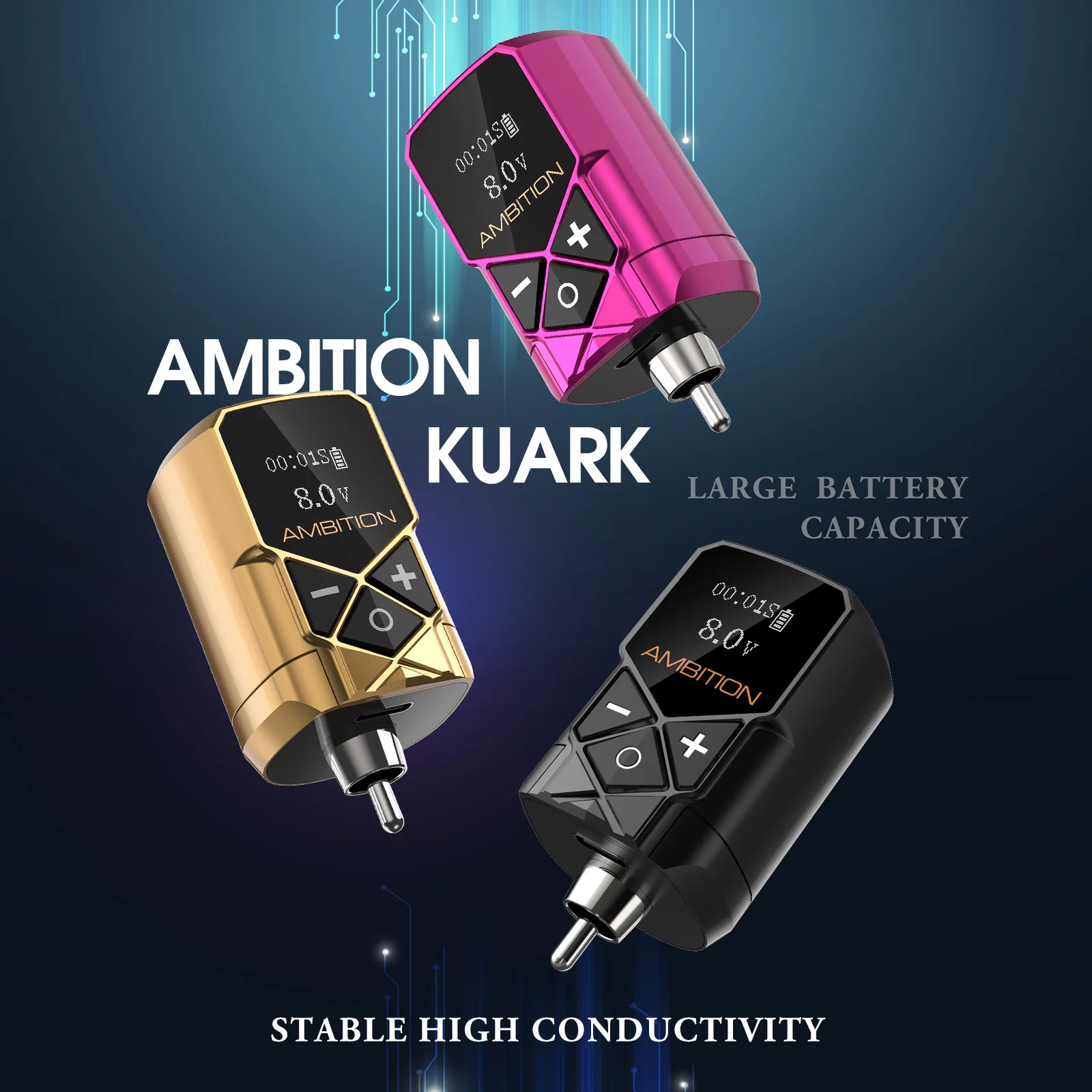 Ambition Kuark, беспроводная тату-батарея, источник питания, RCA Интерфейс 2400amh, портативный ЖК-дисплей для вращающейся машины, быстрое зарядное устройство