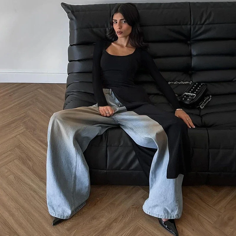 New Fashion Spring and Summer Long-sleeved U-neck Women's Top Long Split-ended Dress Solid Color Slim-fitting Sexy Blouse