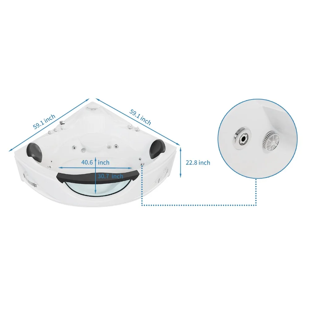 Whirlpool Bathtub, Corner Back to Wall Freestanding Whirlpool Tub, Therapy Hydro-Massage Soaking Tub with Double Pillow Jets Tub 5