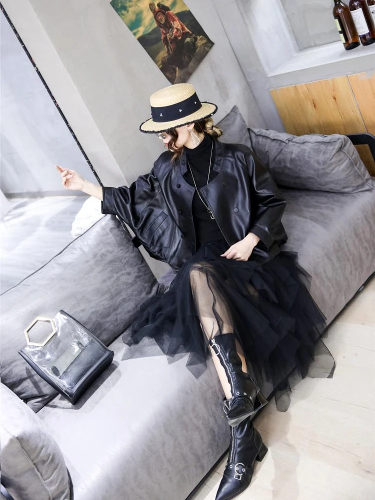 Women's Batwing Sleeve Sheepskin Outerwear, Short Version, Loose Fashion Jacket, Spring and Autumn Coat, Red Tops