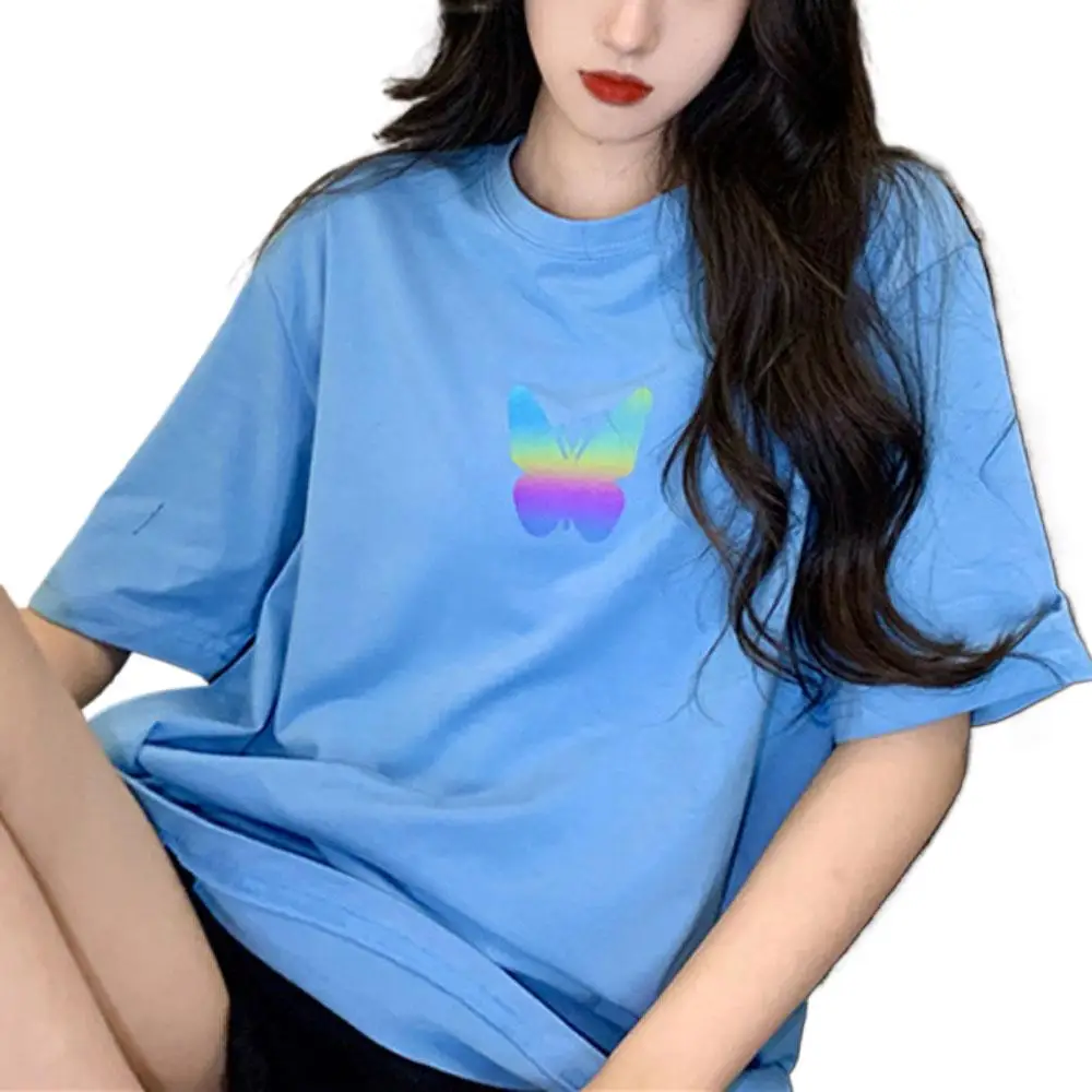 Butterfly Print Short Sleeve Tee Tops for Summer