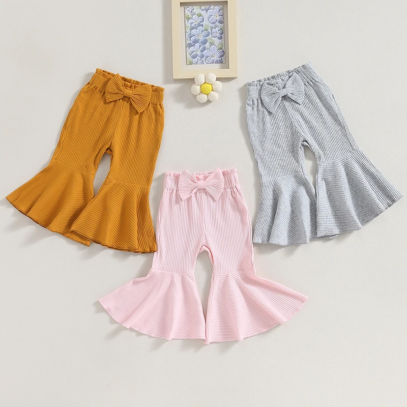 

Baby Girl 3Color Combination Casual Pit Strip Flared Pants Solid Color Ribbed Trousers Bowknot Elastic Waist Autumn Flared Pants
