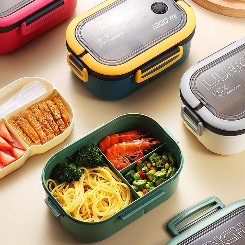 Collapsible Bento Box Portable Hermetic Lunch Box 2 Layer Grid Children  Student Bento Box with Fork Spoon Leakproof Microwavable - AliExpress