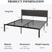 King Size Bed Frame with Upholstered Headboard, Platform Bed Frame with Metal Slats, Button Tufted Square Stitched Headboard, No 2