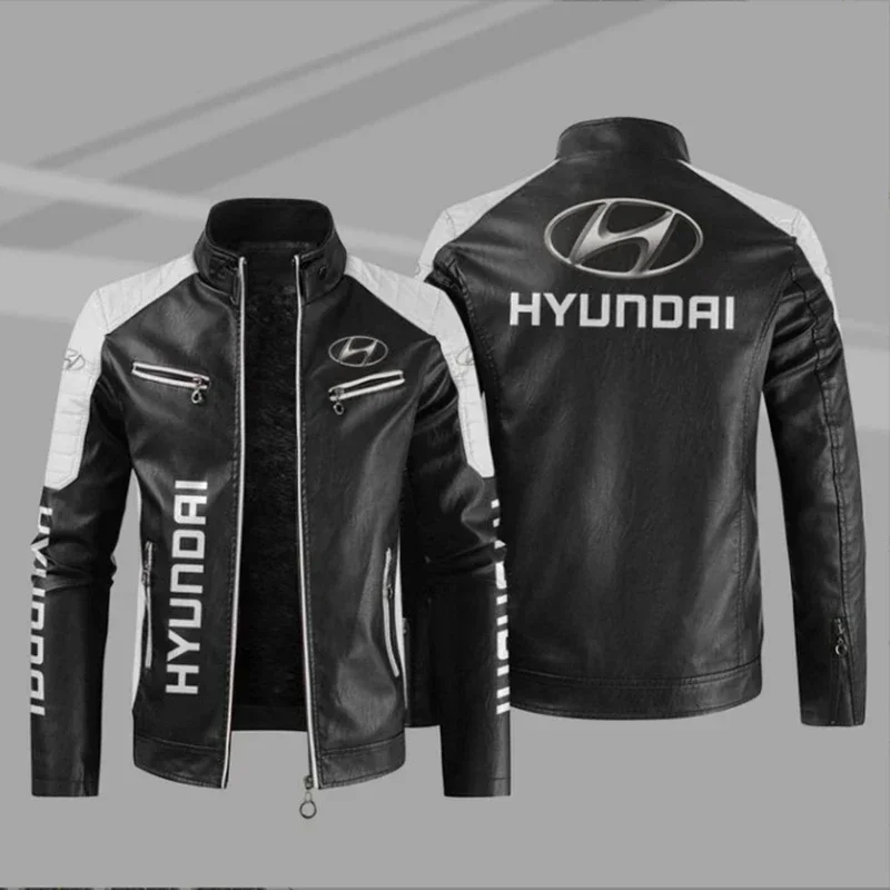 

HYUNDAI Logo Fleece Fur Leather Jacket Men Winter Fashion Zipper Straight Hem Formal Casual Coats Bomber Leather Jacket