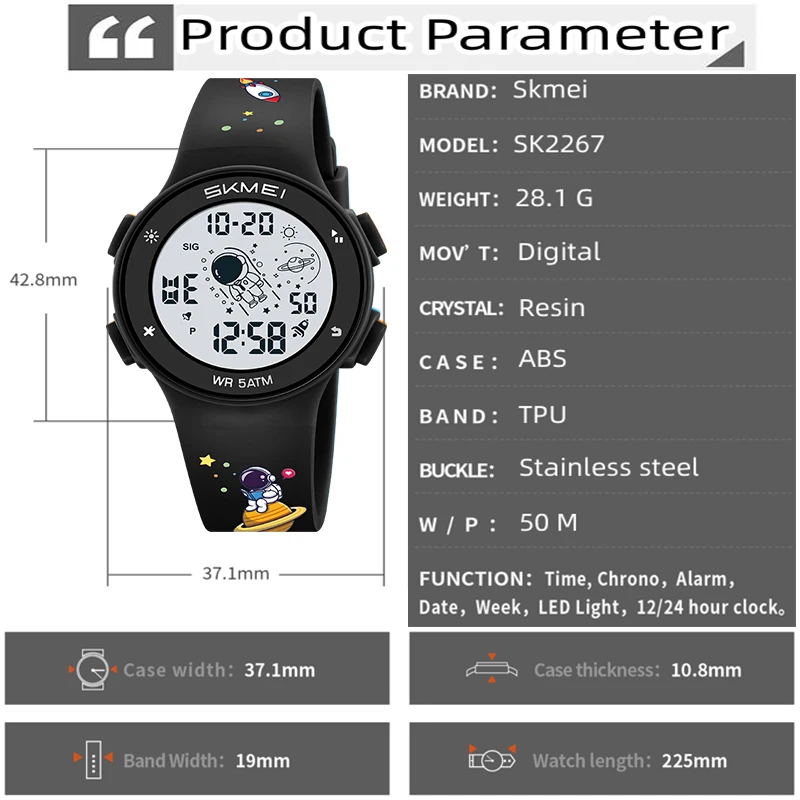 Skmei Kids Digital Watches Fashion TPU Strap Colorful Light LED Waterproof Children Boy Girl Sports Wristwatch with Alarm Clock 3