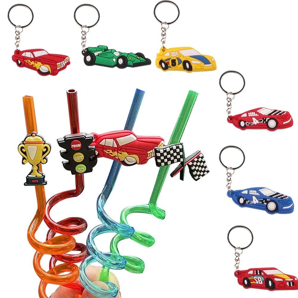 

6-8 PCS Car Theme Party Decoration Racing Birthday Gifts for Children Kids Rubber Keychain Reusable Race Car Drinking Straws