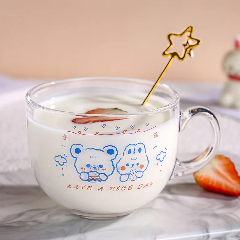 1pc Cartoon Rabbit Designed Glass Cup, For Milk, Juice, Dessert, Breakfast