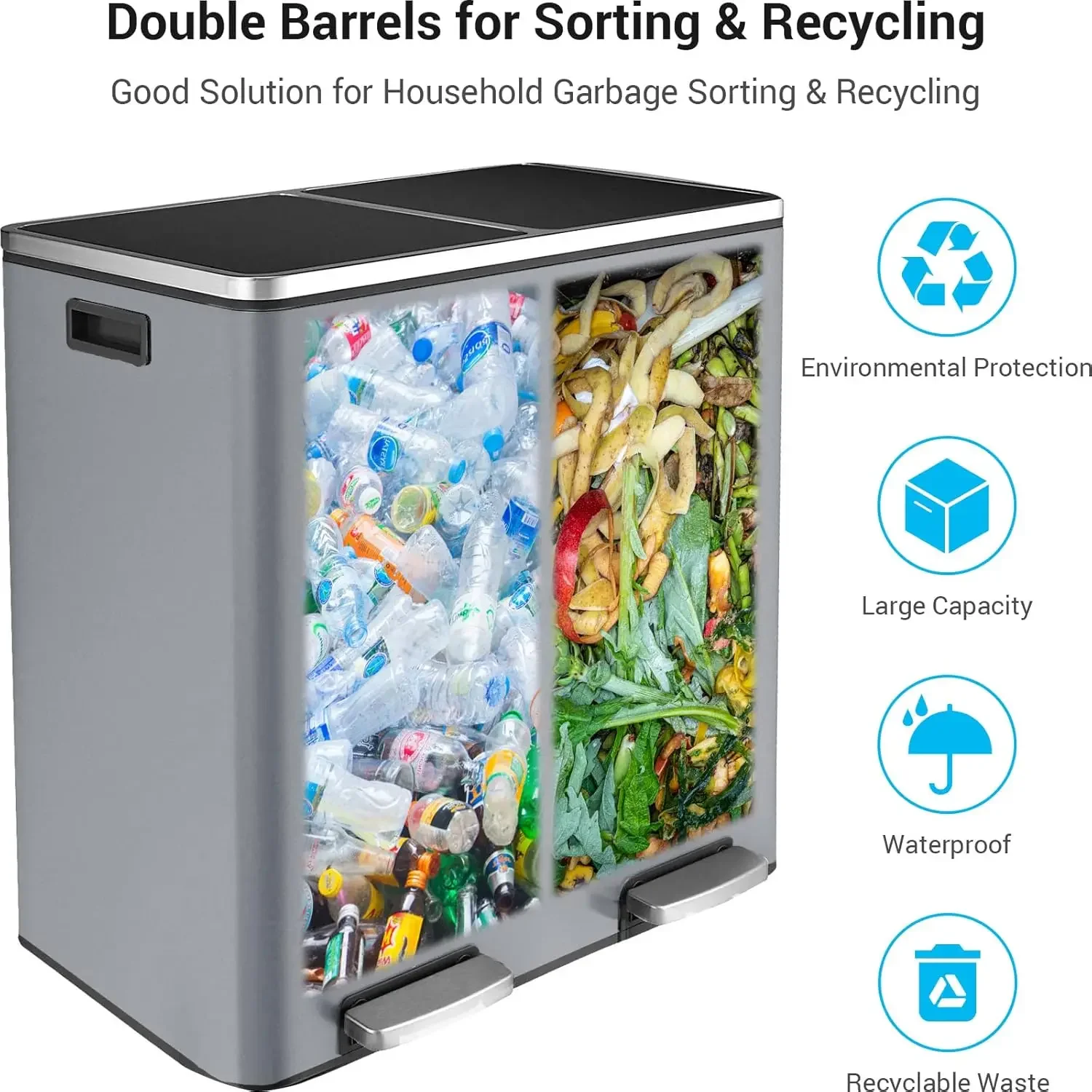 60L(16 Gal ) Dual Trash Can, Stainless Steel Kitchen Garbage Can, Double Compartment Classified Rubbish Bin, Recycle Dustbin 5