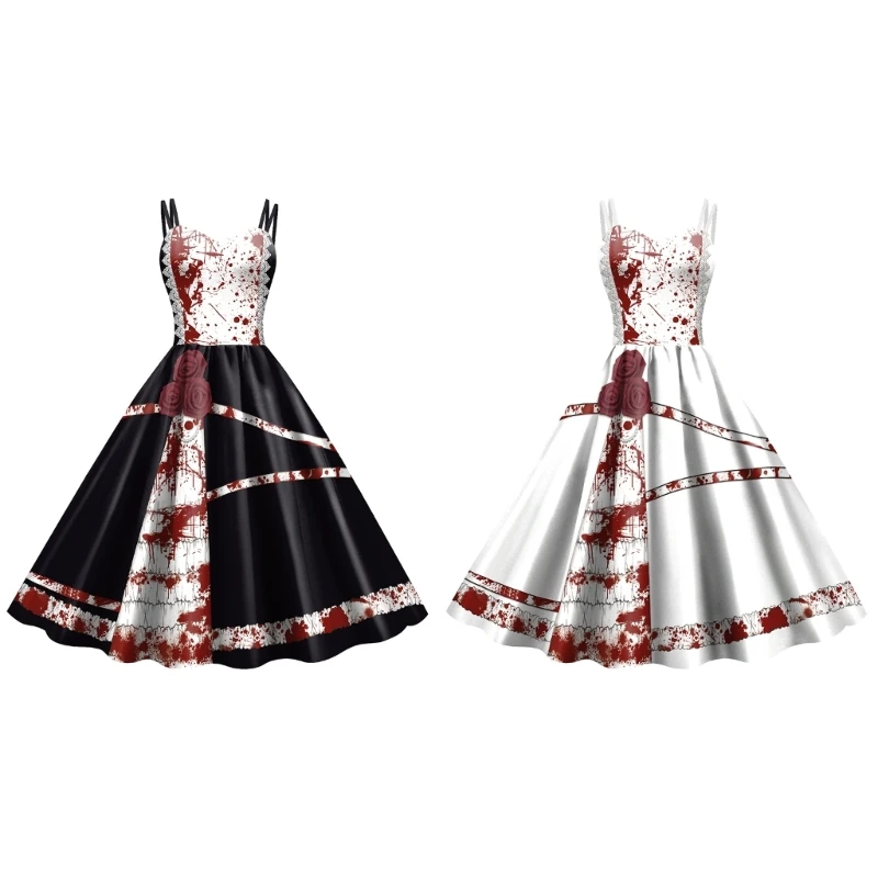 

Halloween Bloody Dresses Womens Sleeveless Strappy Cocktail Swing Dress Printed Cosplay Party Costume Dropship