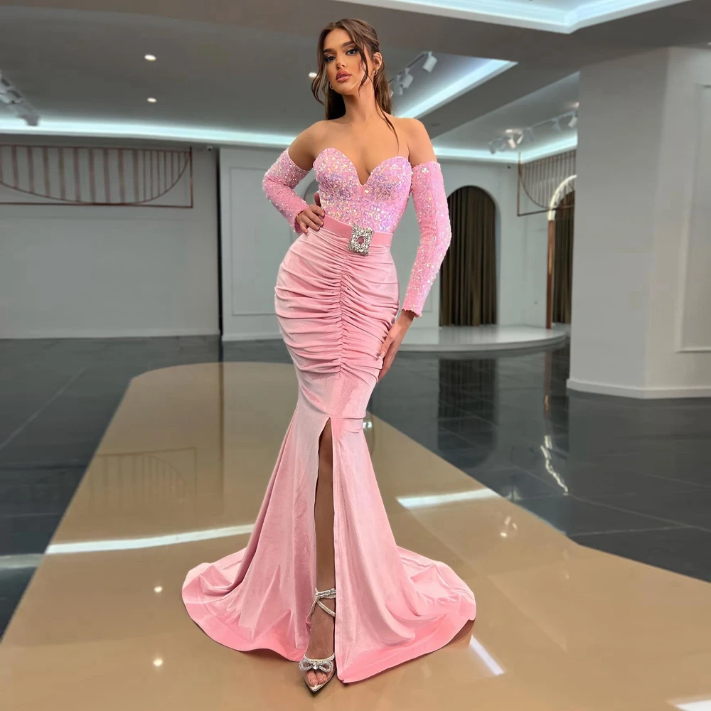 

Sweet Pink Sequined Mermaid Evening Dresses Pretty Sweetheart Velour Long Formal Party Dress Custom Made Pageant Prom Gowns