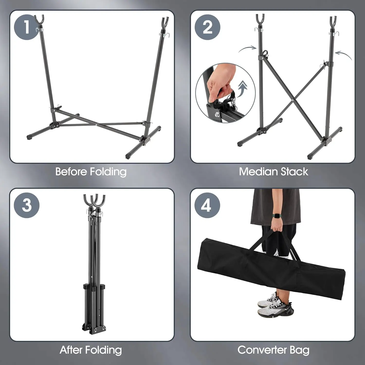 Hammock Chair with Stand. Hanging Chair. Macrame Boho. Adjustable Swing. Headrest & Side Pocket. 450lbs Capacity. Gray.