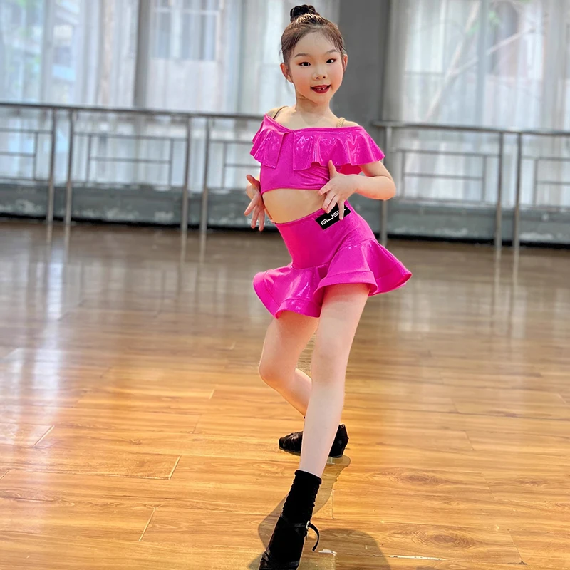 New Latin Dance Performance Dress For Girls Fluorescent Tops Split Skirts Suit Chacha Rumba Tango Latin Dance Wear DN17757