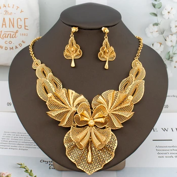 Women Necklace Earrings Italy Fashion Luxury Jewelry Set Bud Large Pendant Earrings Gold Plated Nigeria Dubai Party Jewelry Gift