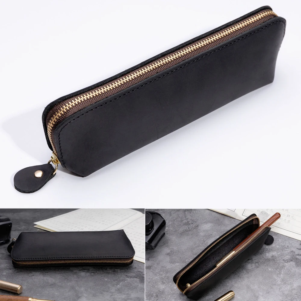 1pc Cowhide Pencil Case Stationery Holder Genuine Leather Pencilcase Storage Bag Office School Supplies