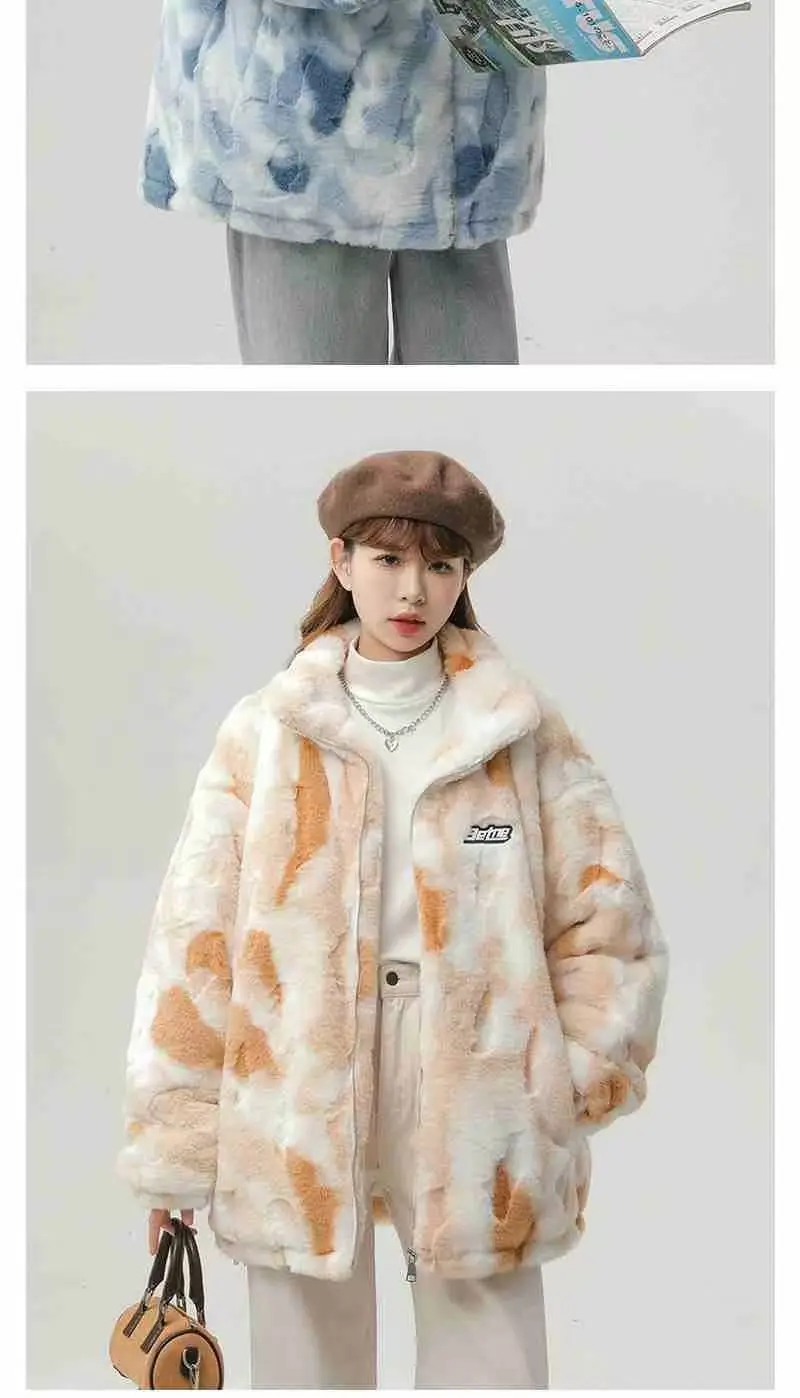 Tie dye Lamb wool Coat 2025 New Winter Trendy Student Cotton Jacket Thicken Loose Stand collar Coats Female Warm Parka Overcoat