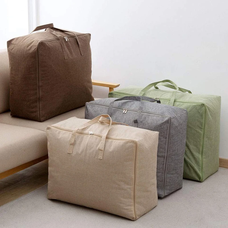 

Portable Luggage Bag Wardrobe Quilt Clothes Organizer Storage Bags Cotton Linen Dustproof Zipper Tote Bag Travel Moving Bag