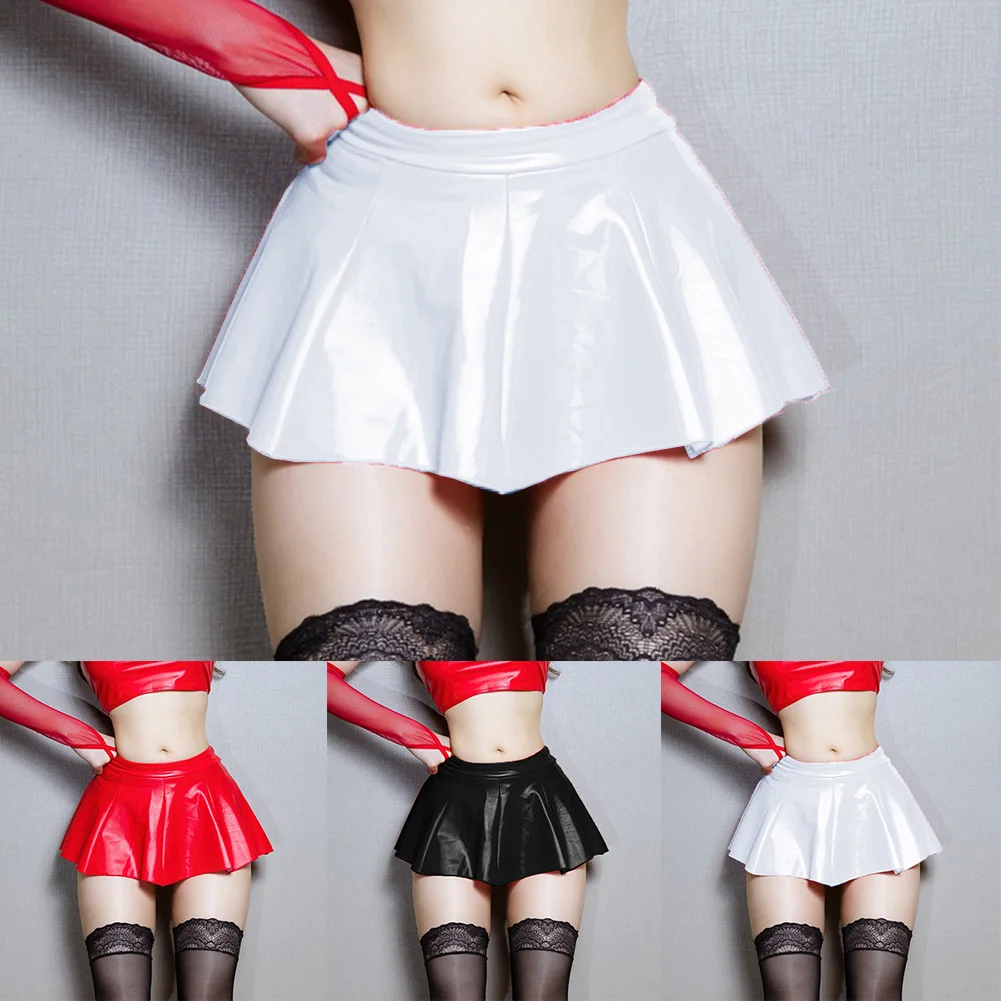 Women Sexy PU Leather Pleated Skirt High Waist Clubwear Solid Black Red White Costumes Short Mini Skirts Female Clothing