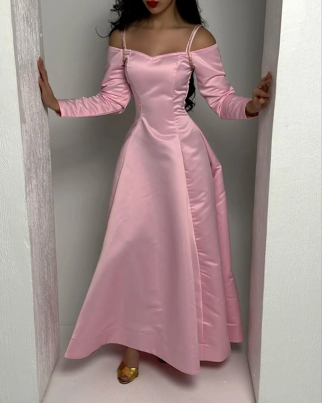 

Vintage Pink Spaghetti Straps Long Sleeves Prom Dresses Ankle Length Special Occasion vestidos de novia Evening Party Dress