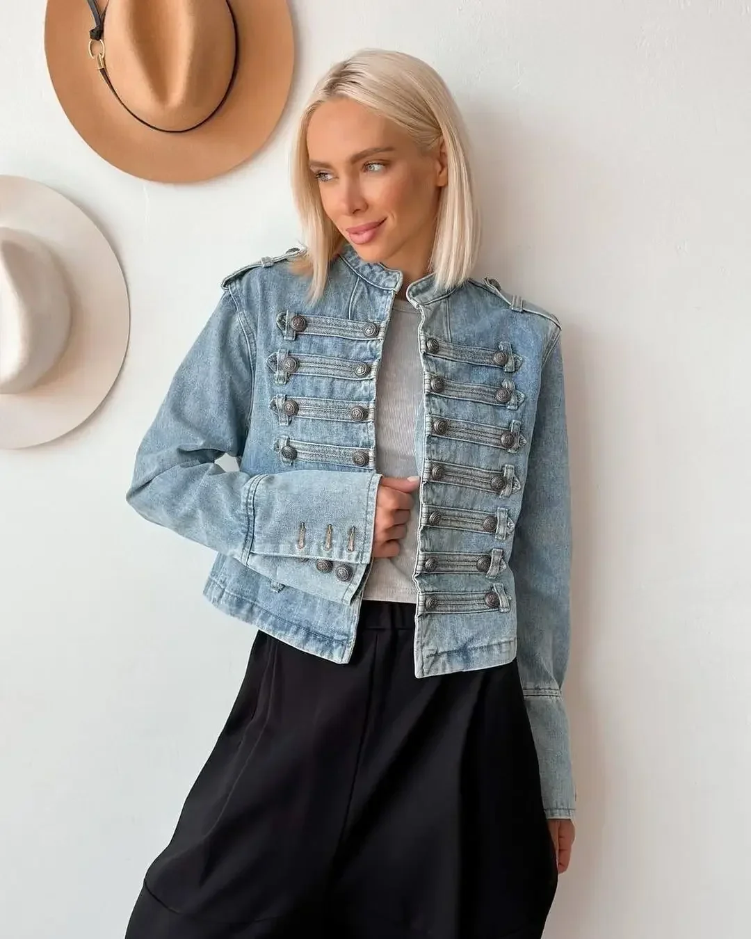 Vintage Denim Military Jacket Women Retro Solid Round Neck Single Breasted Slim Crop Coat 2026 New Lady Daily Street Outerwear 34 Sb726ade537324852bf651239447d3f30J