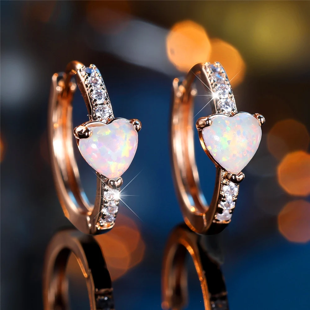 Trendy Crystal White Blue Opal Stone Love Heart Hoop Earrings For Women Vintage Gold Silver Color Wedding Jewelry