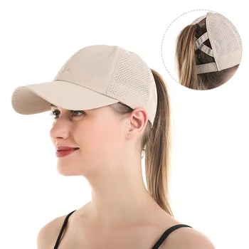 Berretto da baseball estivo in tinta unita Cappello da donna con coda di cavallo incrociata Athleisure Cappello con visiera ad asciugatura rapida in rete 1
