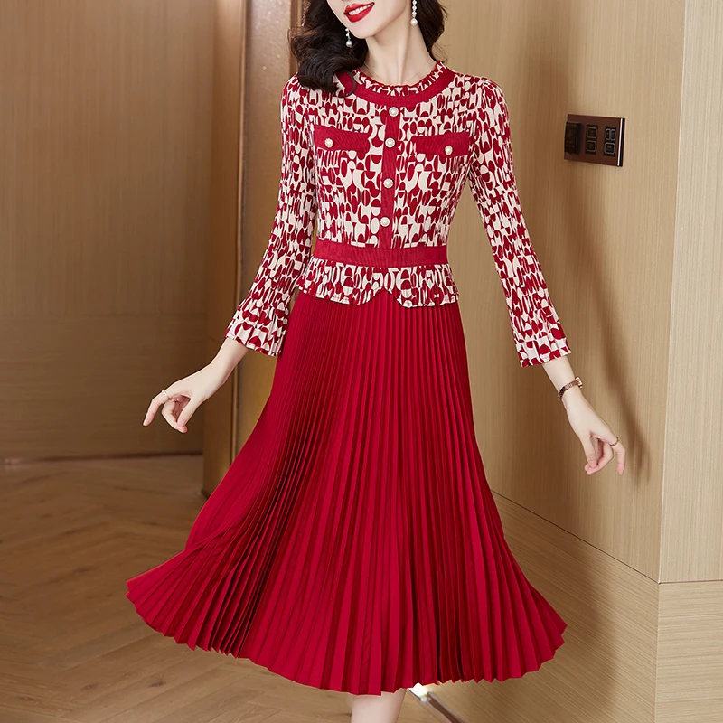 2024SpringNewMiyakePleatedElasticDressWomensLongsleevedWaist