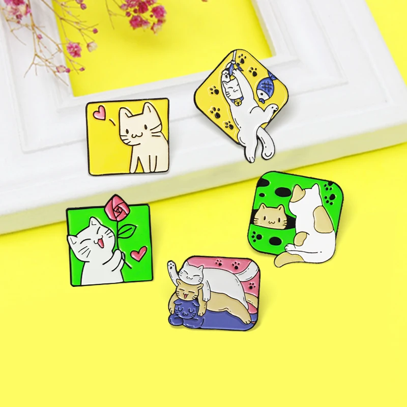 

Colorful Cat Animal Enamel Pin Rose Love Fishing Sleep Play games Cats Club Kitten Brooch Lapel Badge Jewelry for Kid Friend