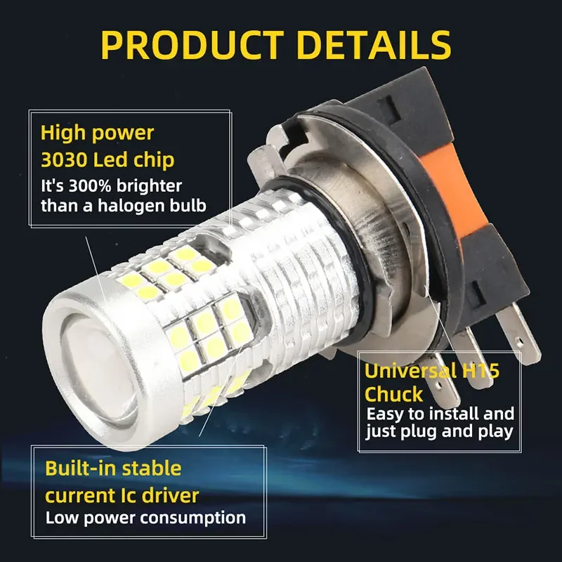 2개입 H15 LED 전구 자동차 헤드라이트 6000K 백색 초고휘도 안개등 39 SMD 3030 칩 LED 주간 주행등 12V