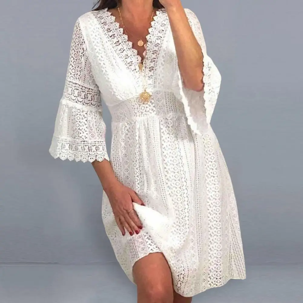

Women Beach Dress Lace Patchwork Hollow Out Horn Sleeve Solid Color V Neck Sunscreen Loose Crochet Bikini Cover Up Women Clothes