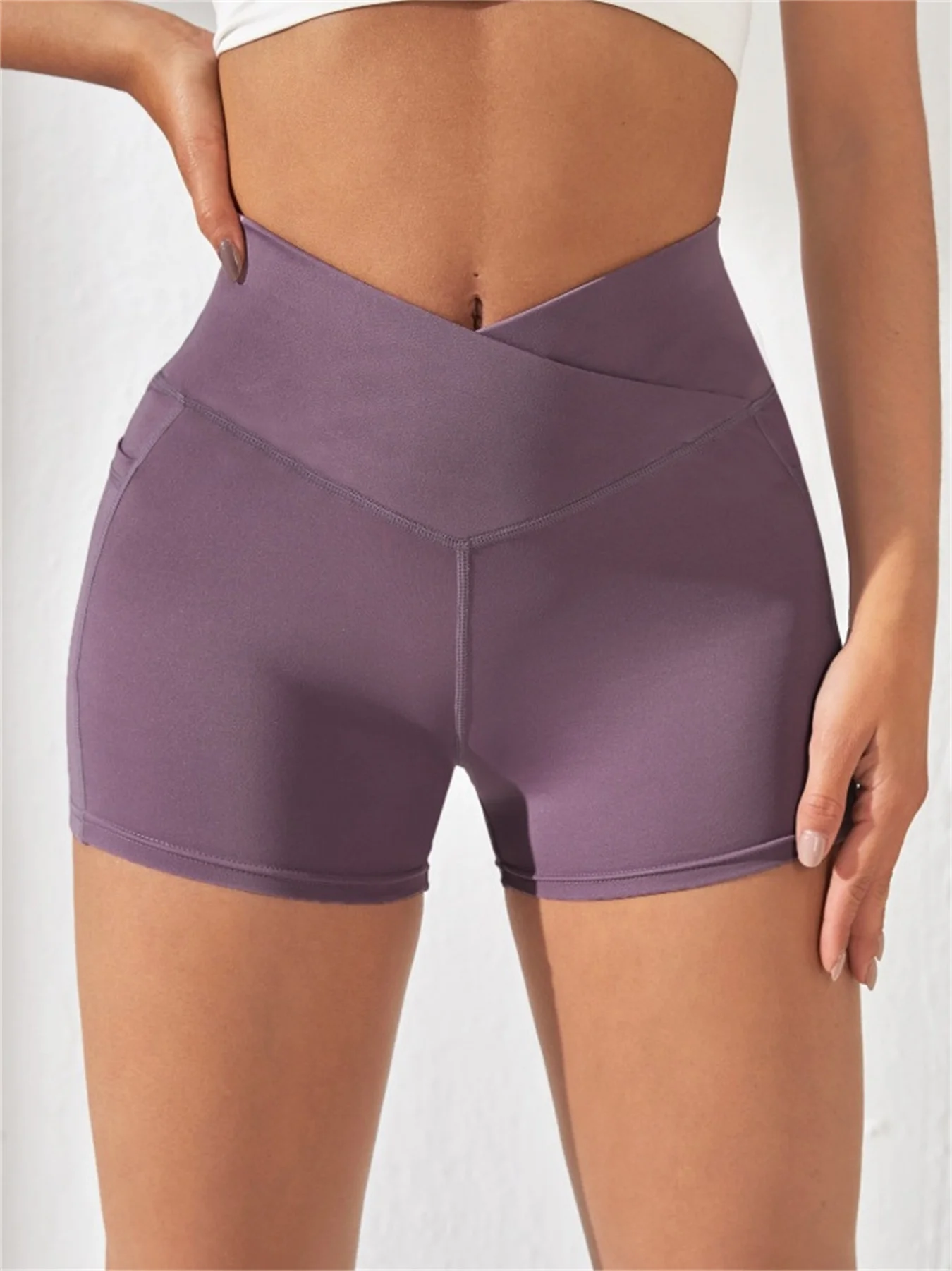 Women High Cross Waist Biker Shorts Side Pockets Buttery Soft Comfy Criss Cross Running Yoga Athletic
