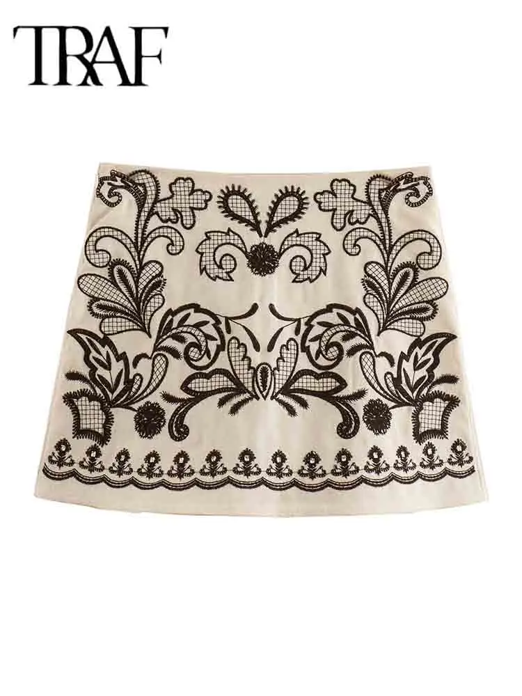 TRAF Embroidered Mini Skirts Sets For Women 2 Pieces 2024 New Fashion Halter Crop Top Women Suit Two Piece Set Women Outfit