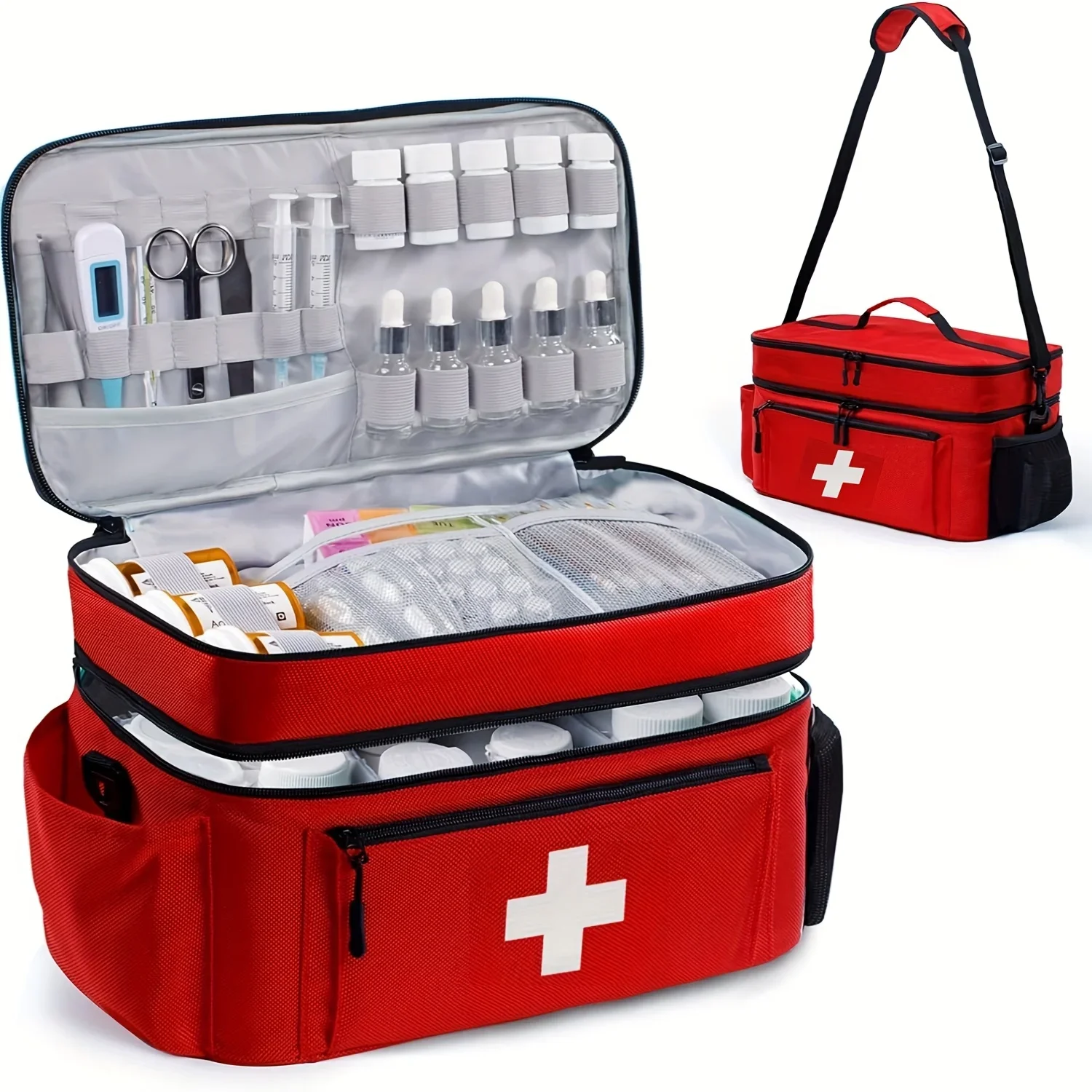 Large capacity travel medicine storage bag, portable emergency kit, double-layered design, front pouch, multiple ways to carry.