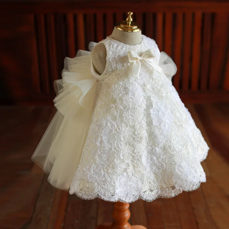 

Children Birthday Baptism Dresses for Kids Elegant Lace Bow Frocks Girls Boutique Party Wear Gown Flower Girl White Dress