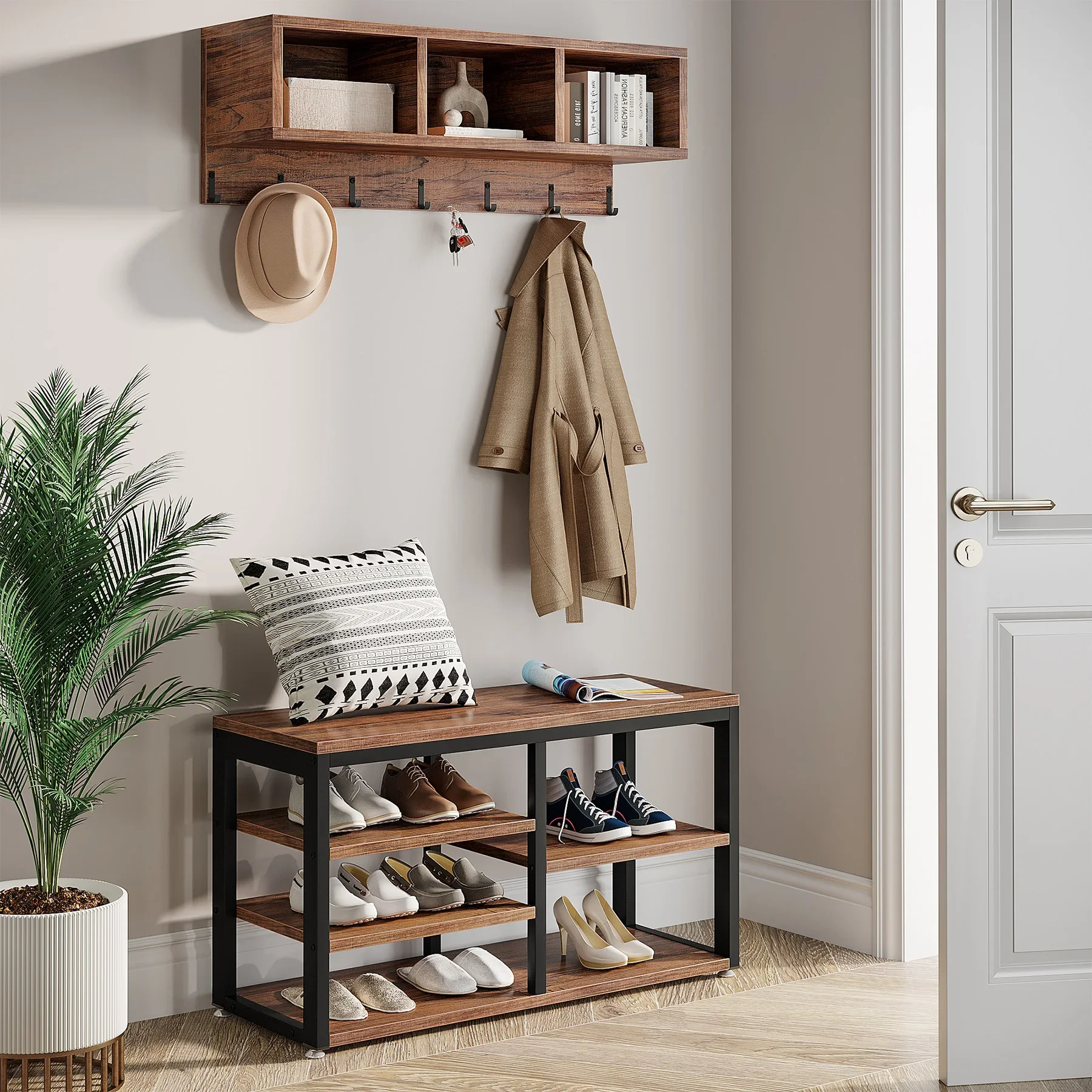 Tribesigns Coat Rack Shoe Bench Set, Hall Tree with Shoe Bench, Industrial Rack Bench with Coat Rack, 3 Storage Cubbies