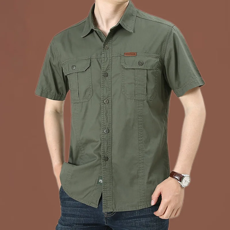 Denim Short Sleeve Men Shirts Cotton Army Military Casual Shirts Outdoor Hiking Fishing Clothing Plus Size