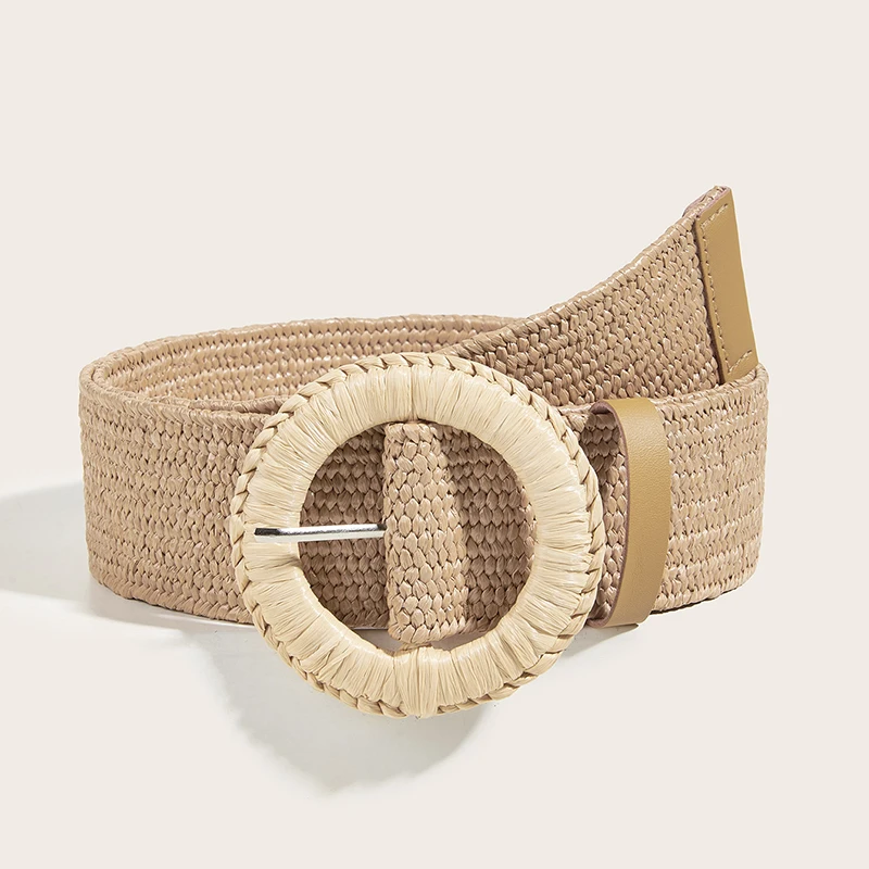 TEXTURED STRAW BELT For Women Khaki Straw Belt Round Buckle Summer Dress Clothing Boho Bohemian Accessories Woven Waist Chain