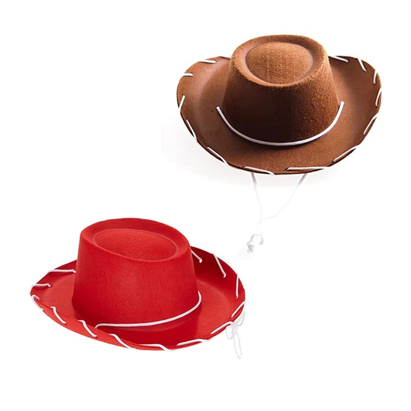 Chapeau Cowboy Woody en feutre marron rouge pour enfants, Cowboy occidental réglable à grands bords