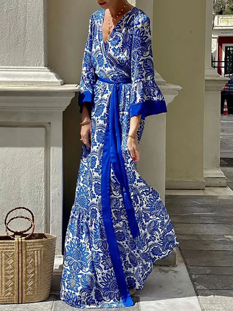

V-Neck Lace-Up Loungewear Party Dress, Women Summer Fashion Flare Sleeve Maxi Dress, Printing Patchwork Ladies Dress Streetwear