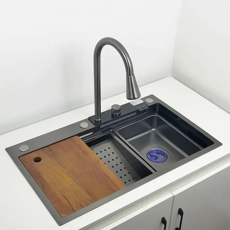 Waterfall Kitchen Sink 304 Stainless Steel Sink Large Single basin With Multifunction LED Waterfall Faucet Above Counter Cuisine 4
