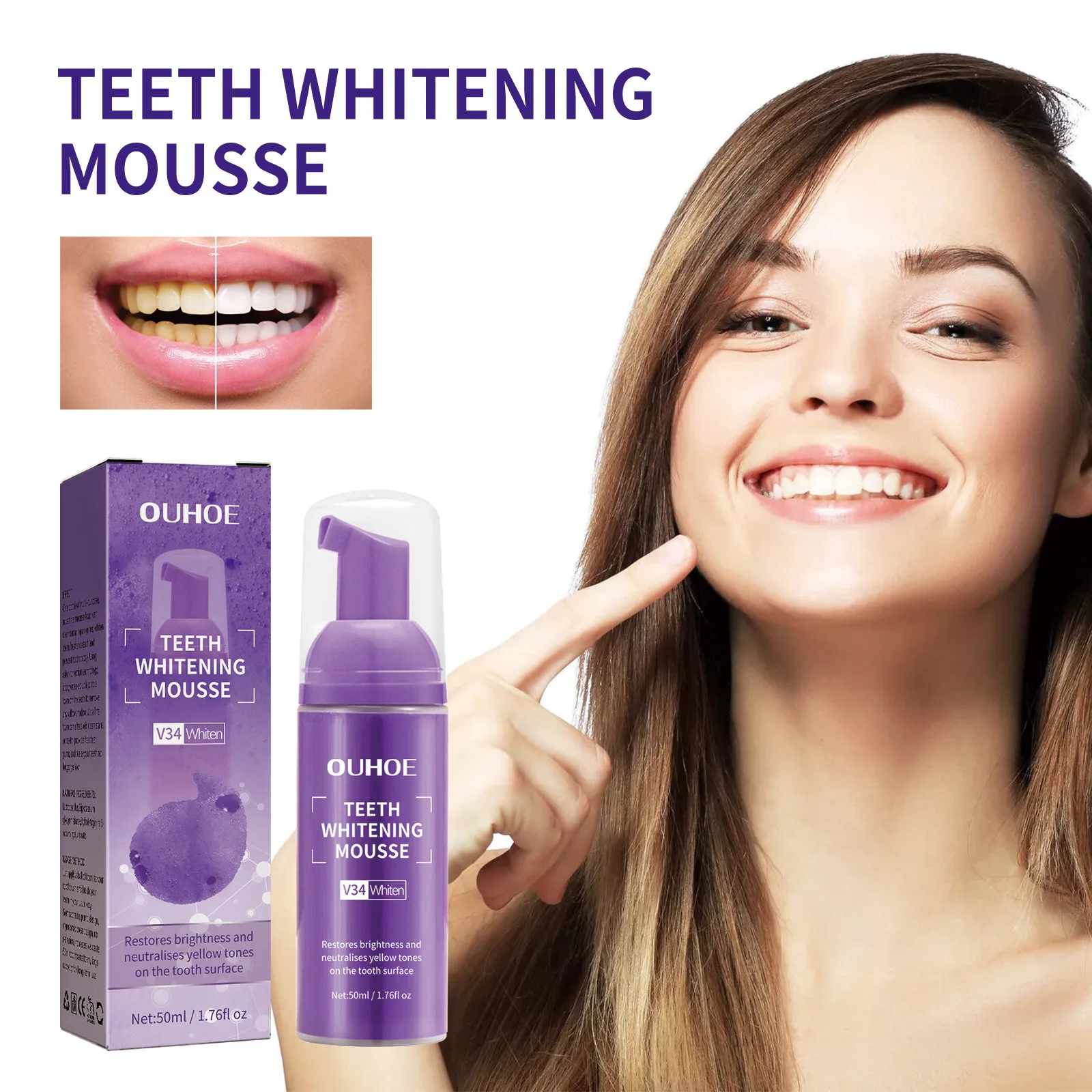 

50ml Teeth Whitening Mousse Deep Cleaning Cigarette Stains Repair Bright Neutralizes Yellow Tones Dental Plaque Fresh Breath