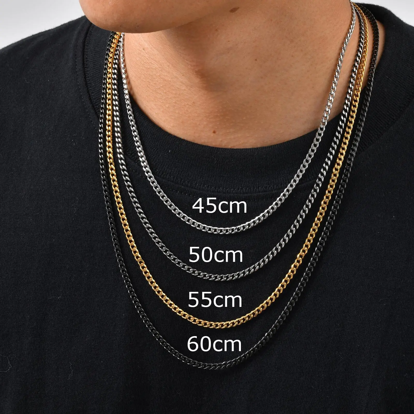 Classic Punk Cuban Chain Necklace for Men Women,Stainless Steel Grey Silver Gold Black Color Chain Link Collar,Wholesale Chain