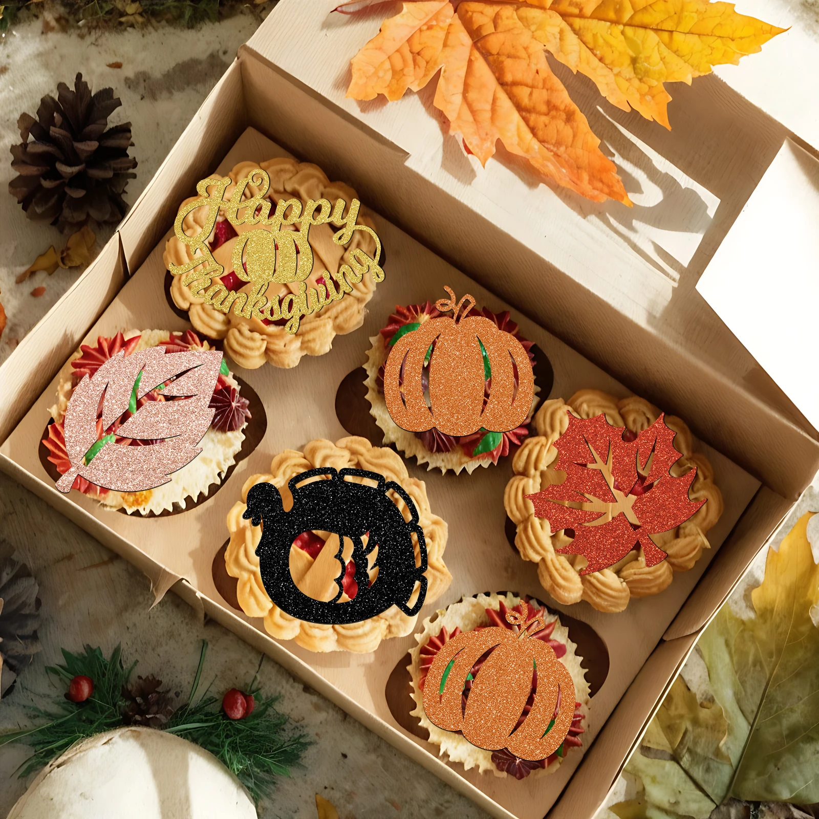 Thanksgiving Party Decorations Happy Thanksgiving Cake Topper Cupcake Toppers Banners with Pumpkin Turkey Maple Leaves