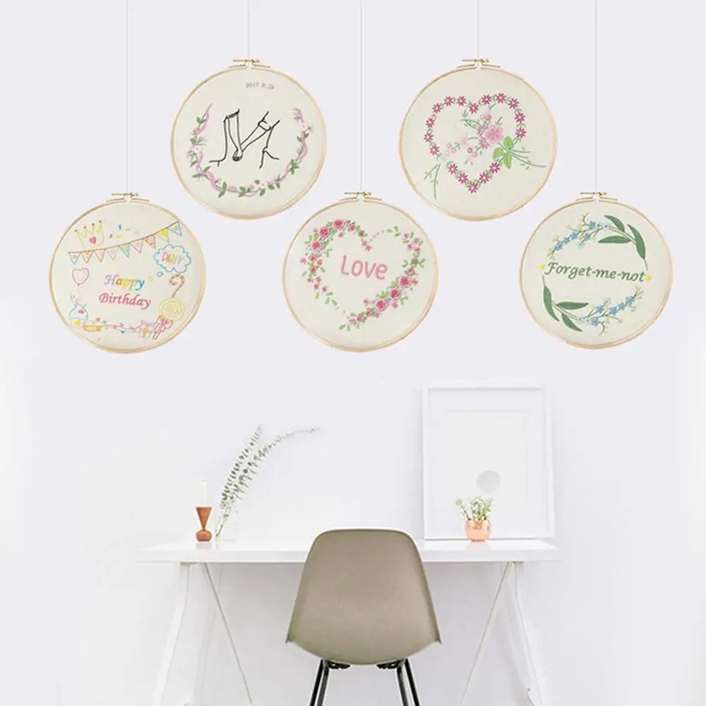 Flower Letter Pattern Embroidery Set Needlework Tools Printed Beginner DIY Embroidery Round Cross Stitch Kit Sewing Craft Kit