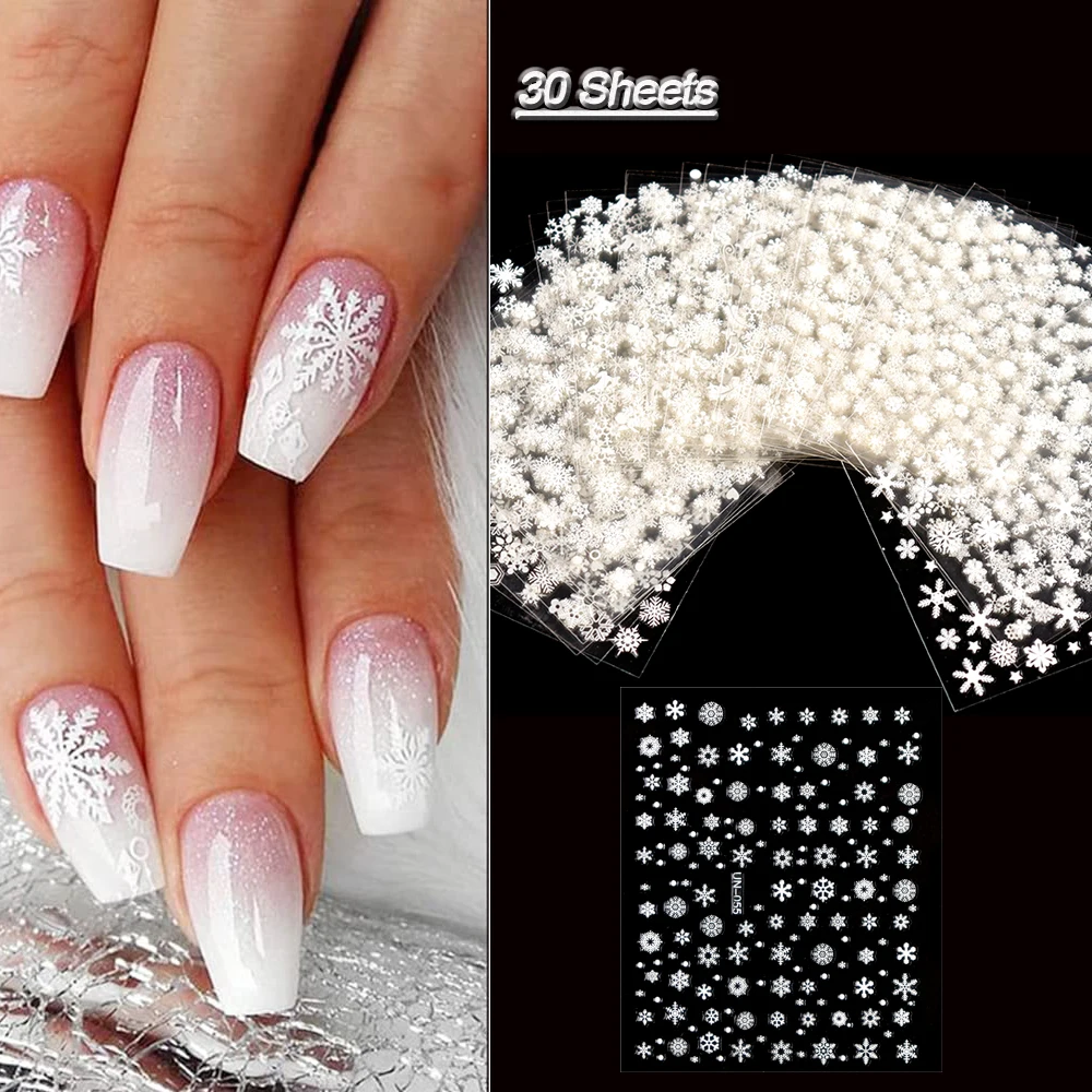 30 Sheets Christmas Nail Art Stickers Self Adhesive 3D White Snowflake Nail Decals Xmas Nail Supplies Christmas Manicure Sliders 2