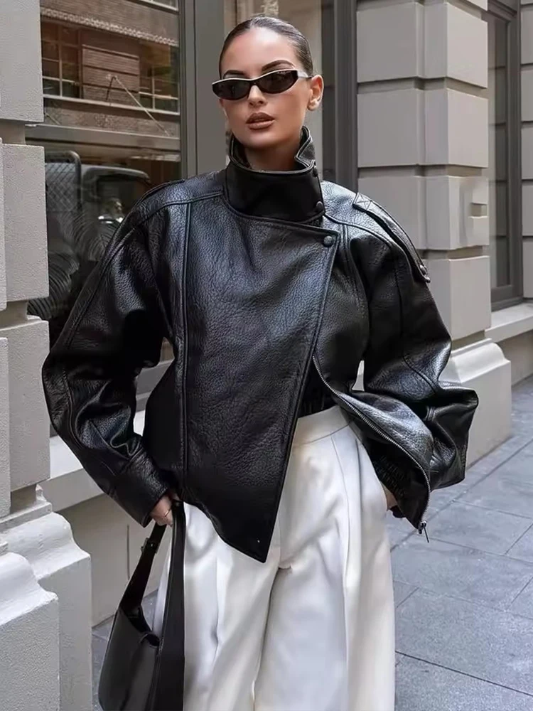 Autumn Women's Street Fashion Loose Leather Jackets For Women Long Sleeves Turtleneck Zipper With Pockets Vintage Coats